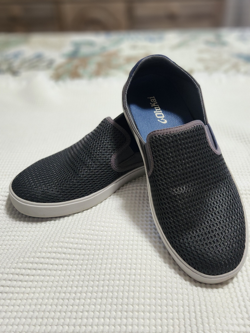 OluKai Gray Mesh Slip-On Loafers with White Sole and Gray Trim. Olukai LAE'AHI